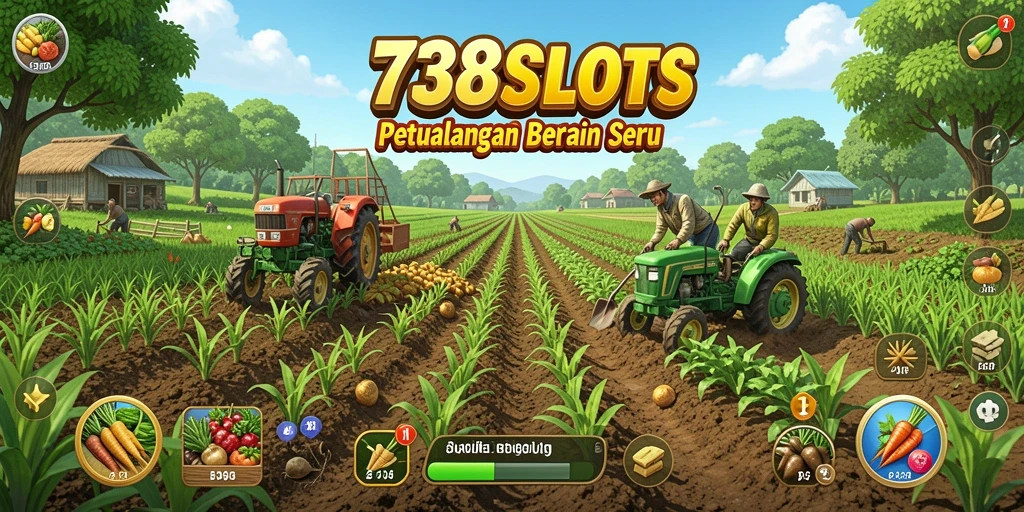 Tampilan gameplay 738SLOTS dengan ladang subur dan hewan ternak yang ceria.