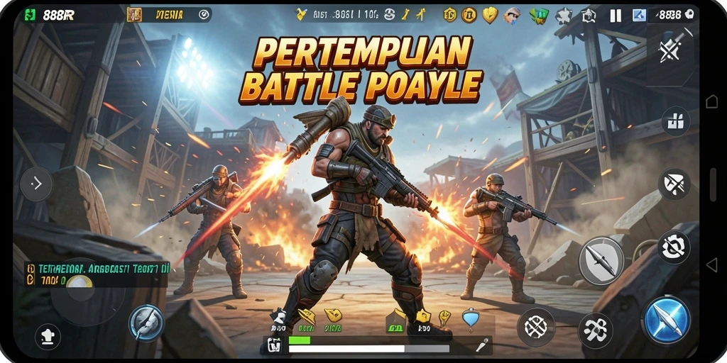 Screenshot gameplay 888R menampilkan pertarungan seru di arena Battle Royale.